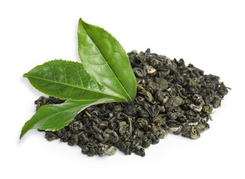 Image of Dry green tea and fresh leaves on white background 