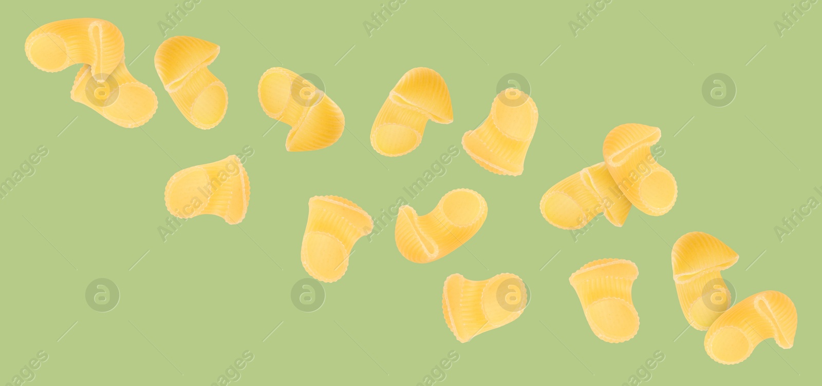 Image of Raw horns pasta flying on green background