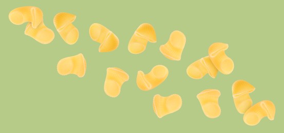 Image of Raw horns pasta flying on green background
