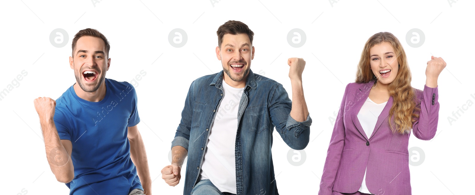 Image of Collage with photos of happy people celebrating victory on white background. Banner design