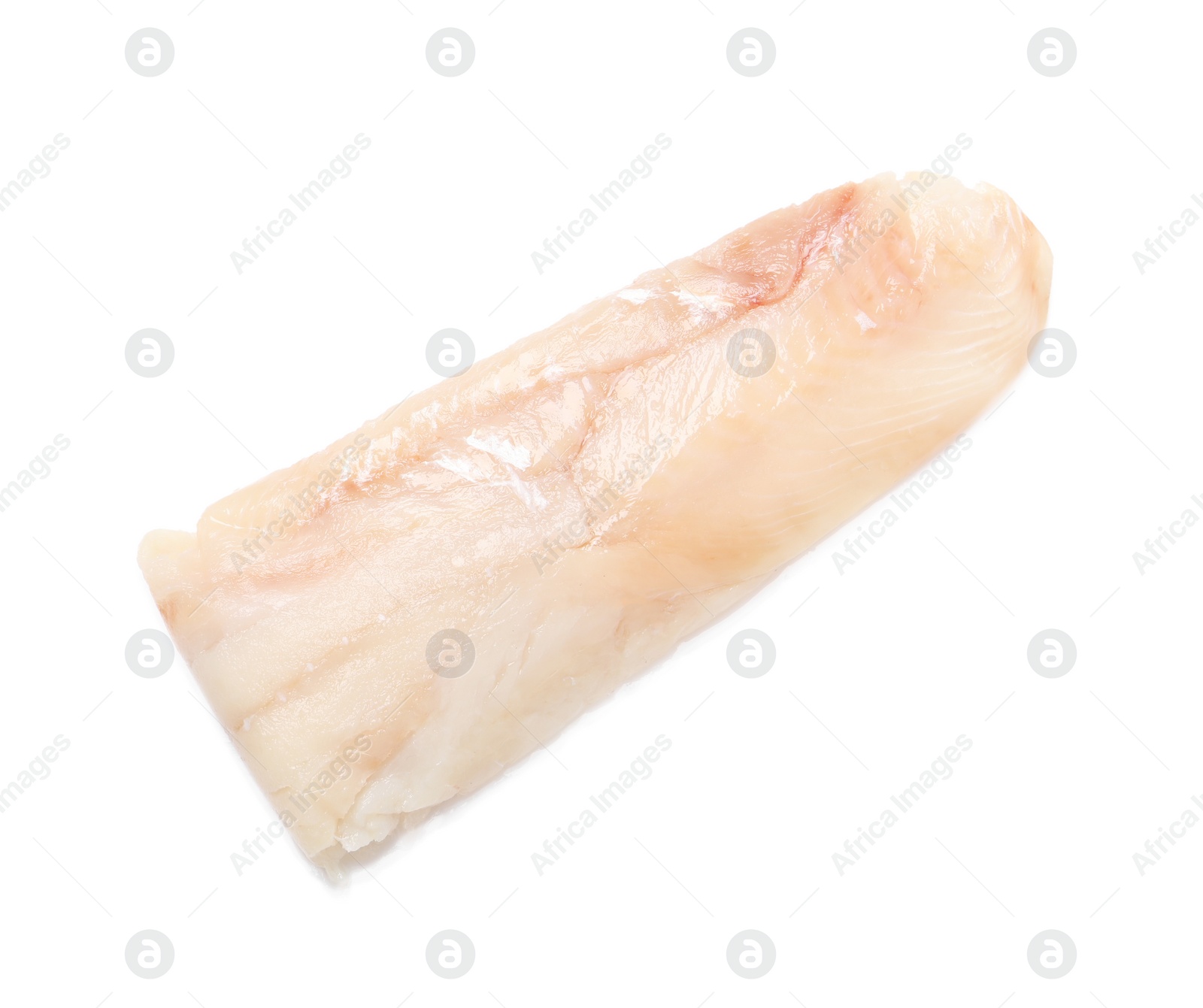 Photo of Piece of raw cod fish isolated on white, top view