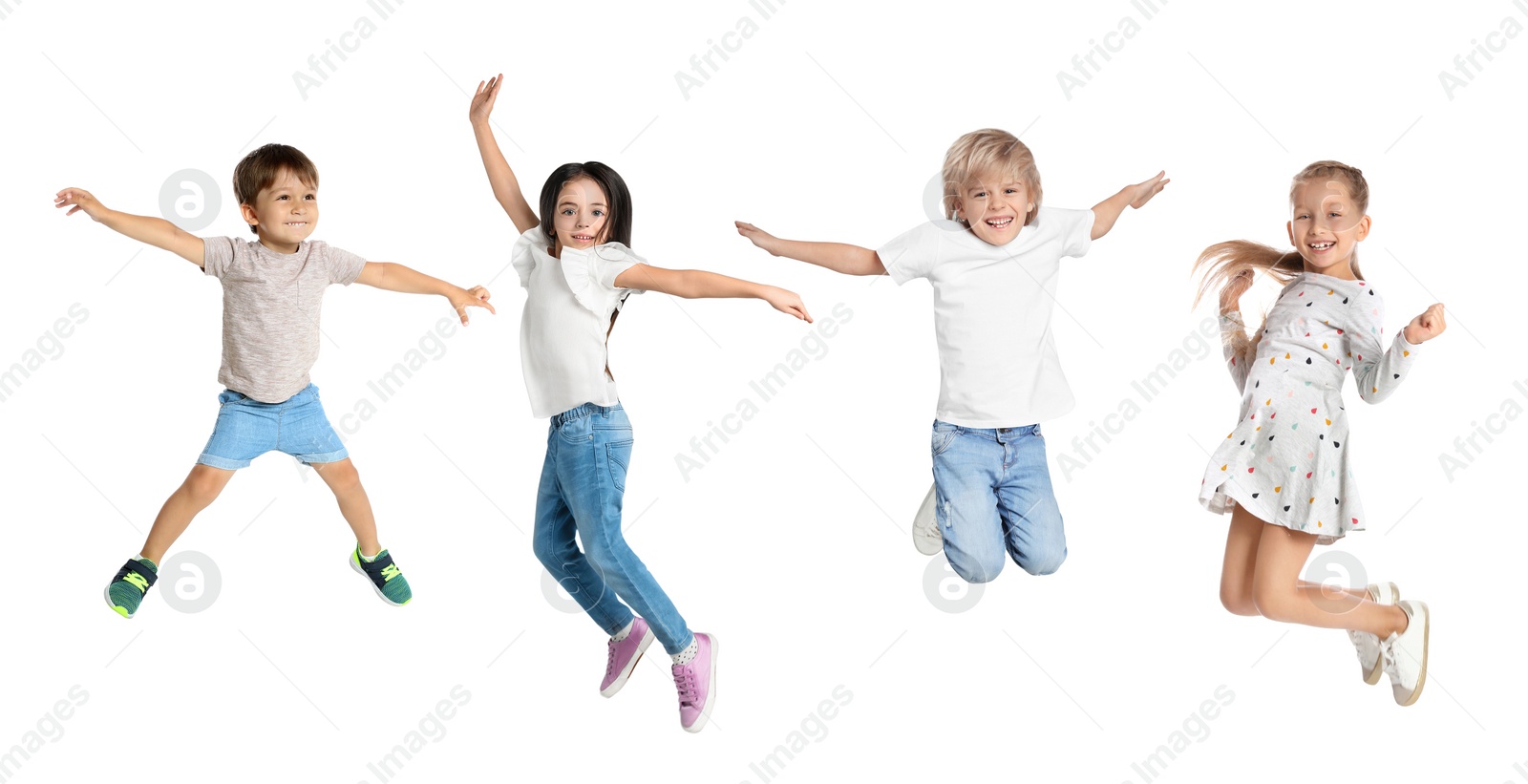 Image of Cute little children jumping on white background, collage. Banner design