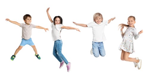 Cute little children jumping on white background, collage. Banner design