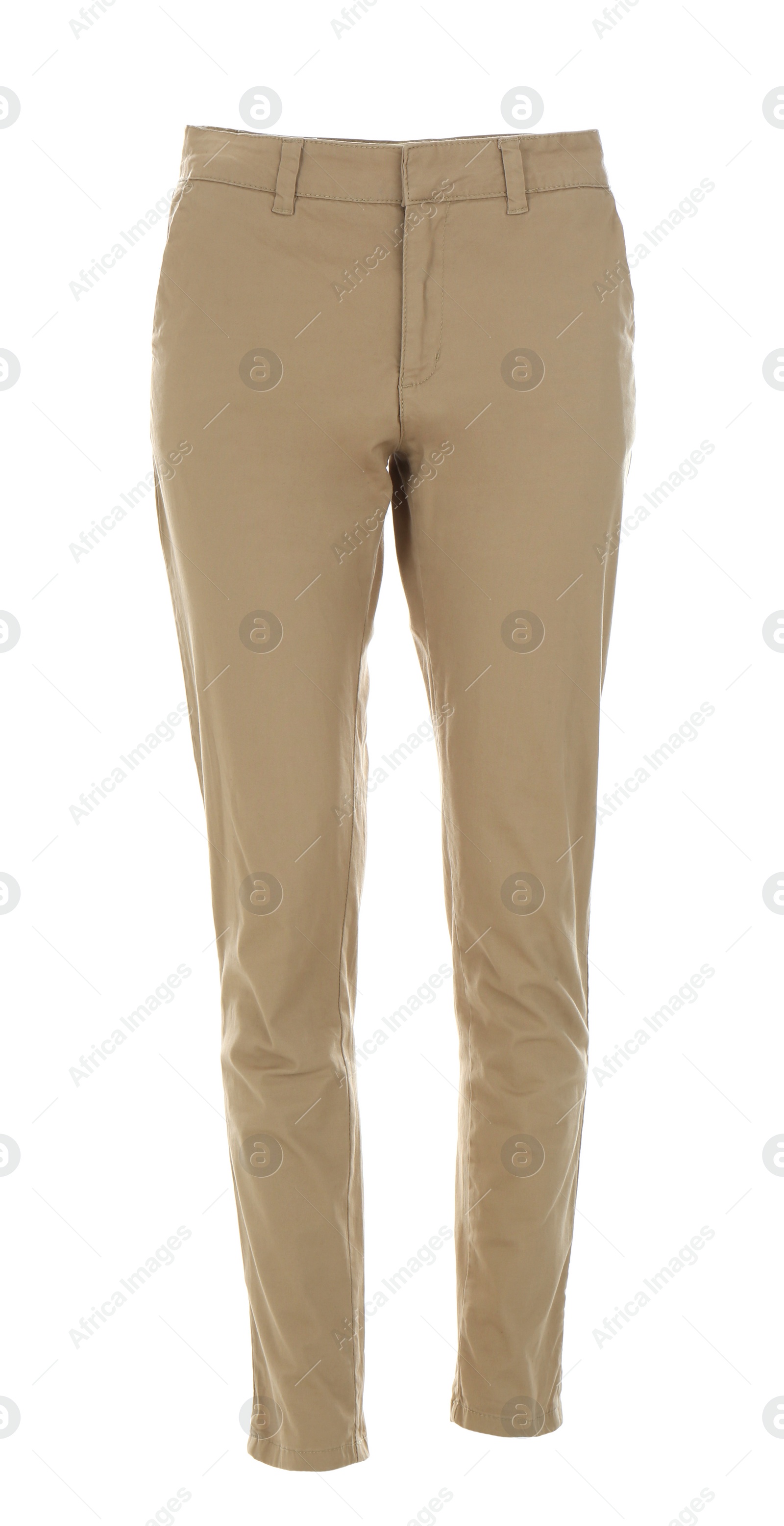 Photo of Stylish trousers on mannequin against white background. Men's clothes