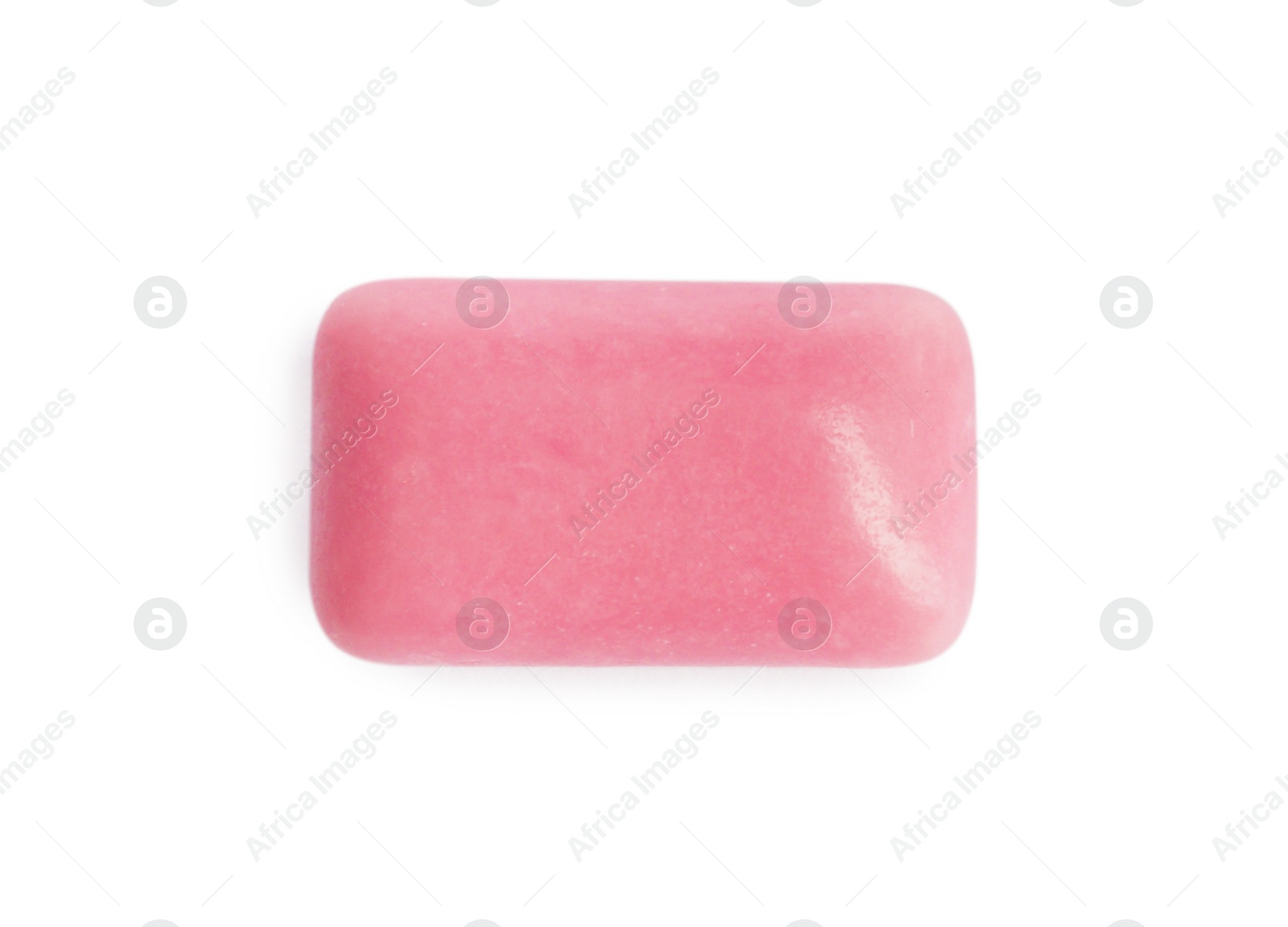 Photo of One pink chewing gum isolated on white, top view