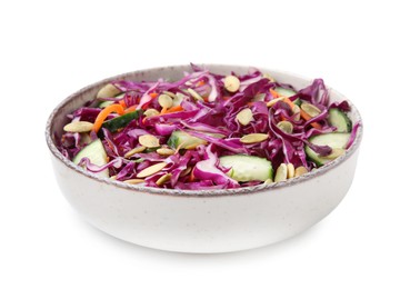 Tasty salad with red cabbage and pumpkin seeds in bowl isolated on white