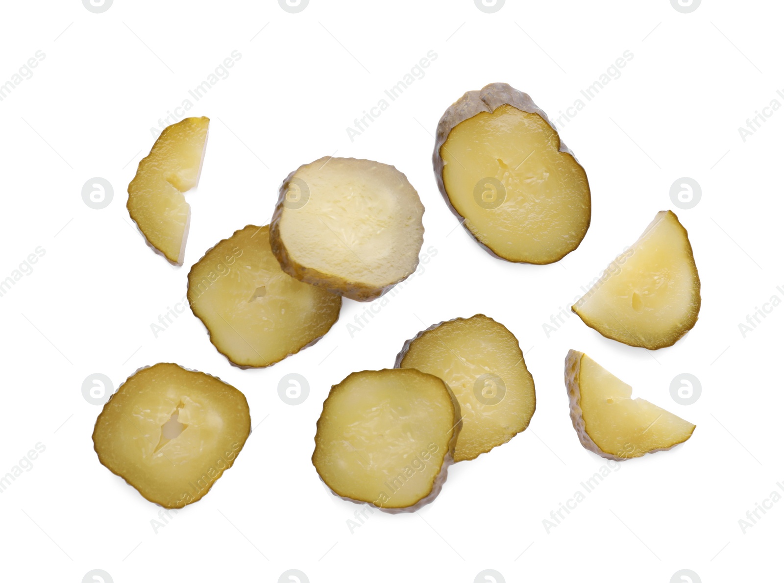 Photo of Slices of tasty pickled cucumber on white background, top view