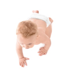 Photo of Cute little baby crawling on white background