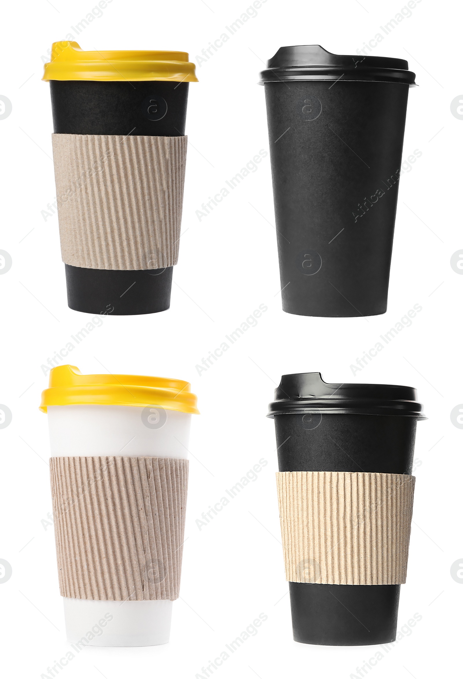 Image of Set with different paper coffee cups on white background 