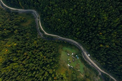 Image of Aerial view of asphalt road surrounded by forest with beautiful green trees