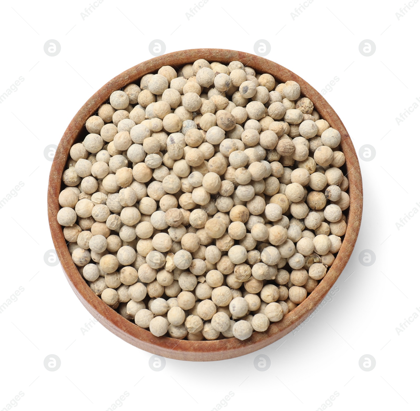 Photo of Aromatic spice. Many peppercorns in bowl isolated on white, top view