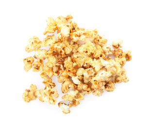 Photo of Pile of delicious caramel popcorn on white background, top view