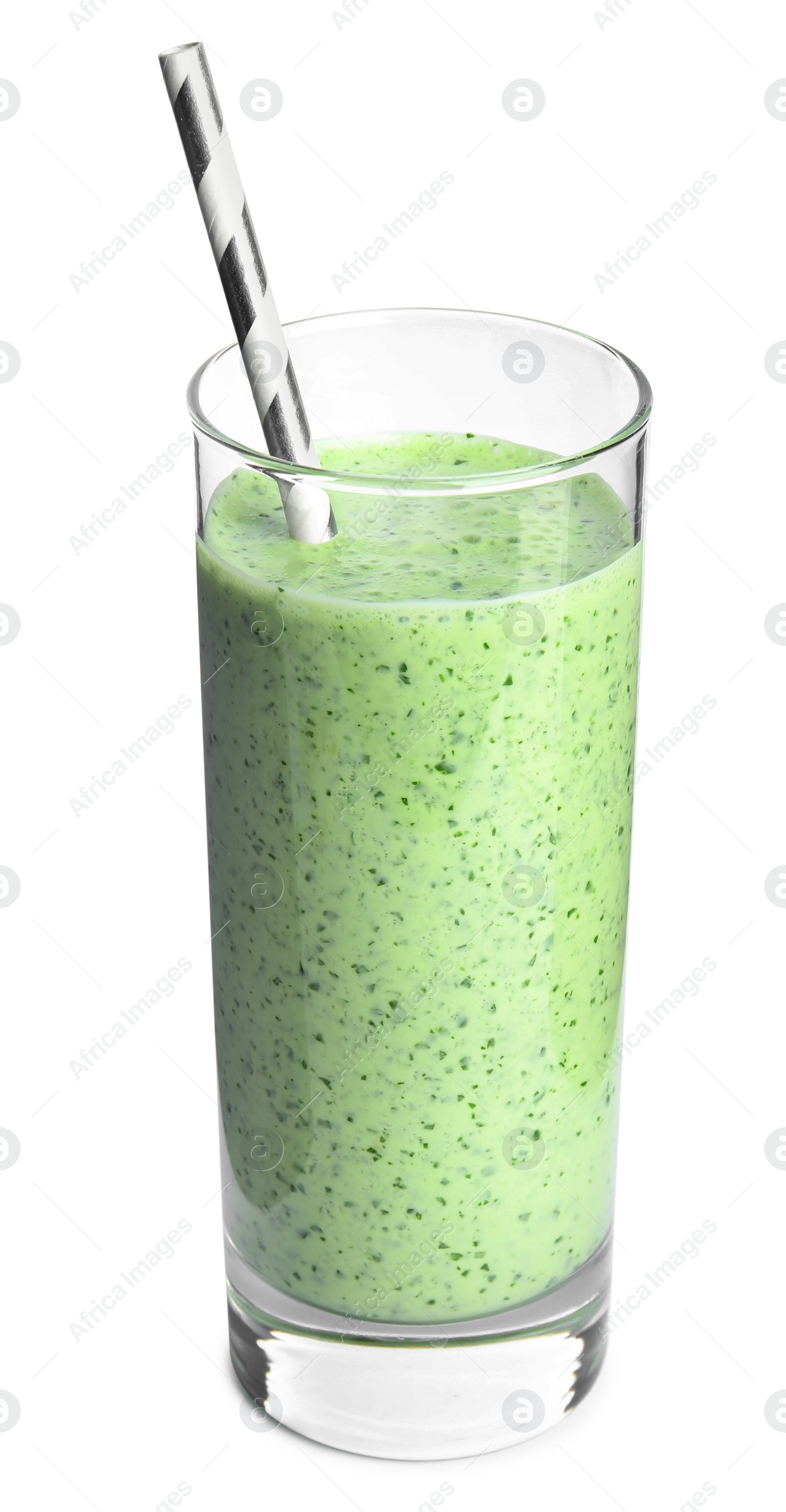 Photo of Glass of green buckwheat smoothie isolated on white