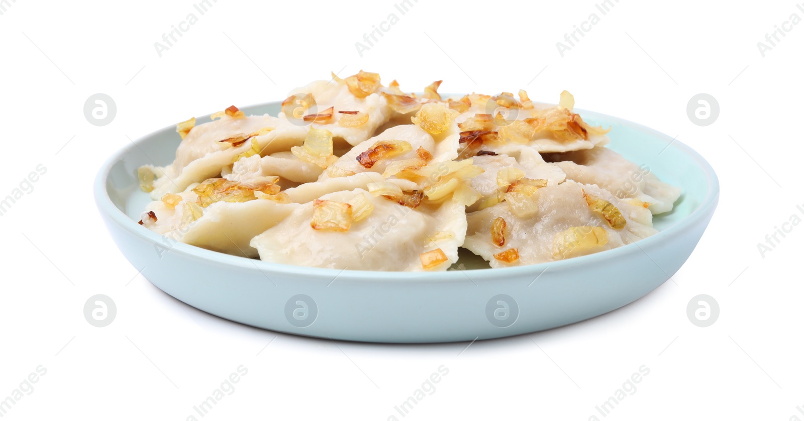 Photo of Cooked dumplings (varenyky) with tasty filling and fried onions on white background