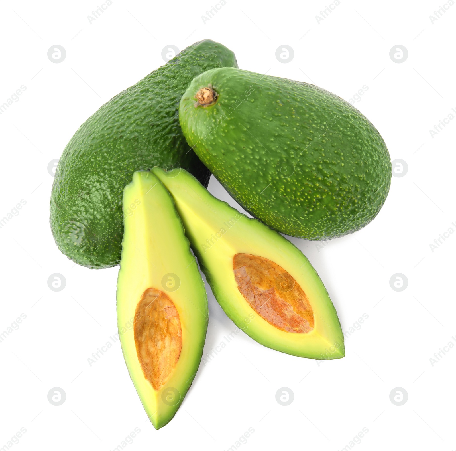 Photo of Tasty ripe avocados on white background, top view. Tropical fruit