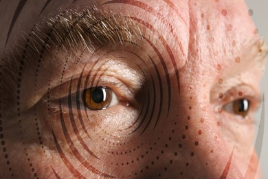 Image of Hypnosis and therapy. Swirl over senior man's face, closeup. Collage design