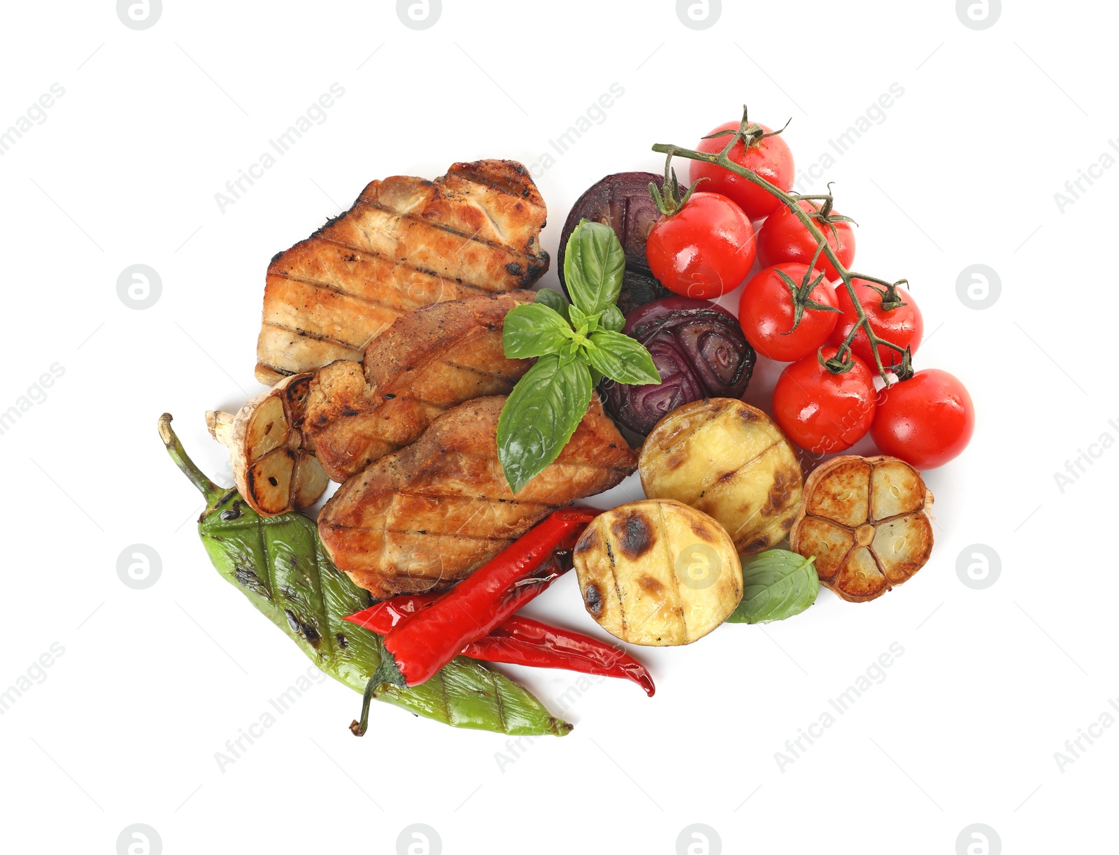 Photo of Tasty grilled vegetables, meat, fresh cherry tomatoes and basil isolated on white, top view