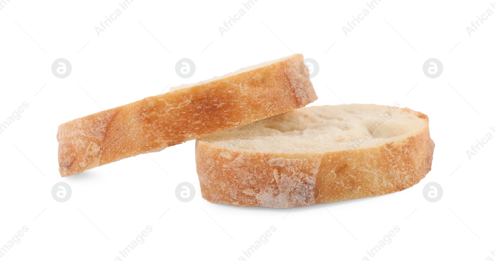 Photo of Slices of fresh baguette on white background