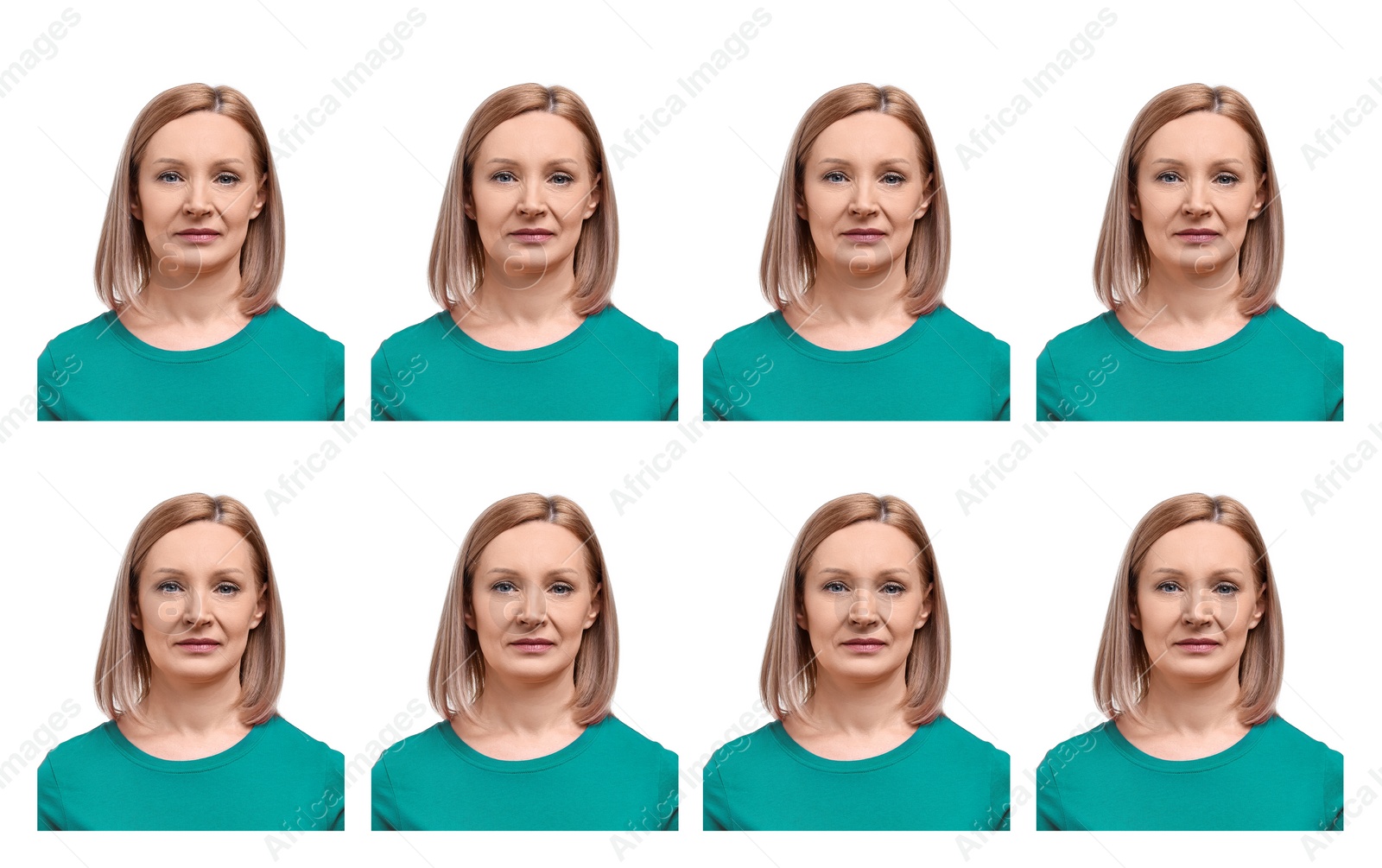 Image of Passport photo, collage. Woman on white background, set of photos