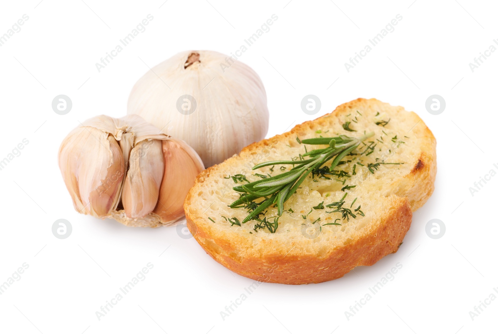 Photo of Piece of tasty baguette with garlic, rosemary and dill isolated on white