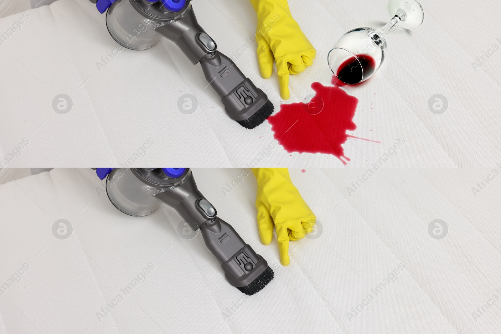 Image of Woman in gloves disinfecting mattress with vacuum cleaner indoors, closeup. Collage with photos before and after cleaning