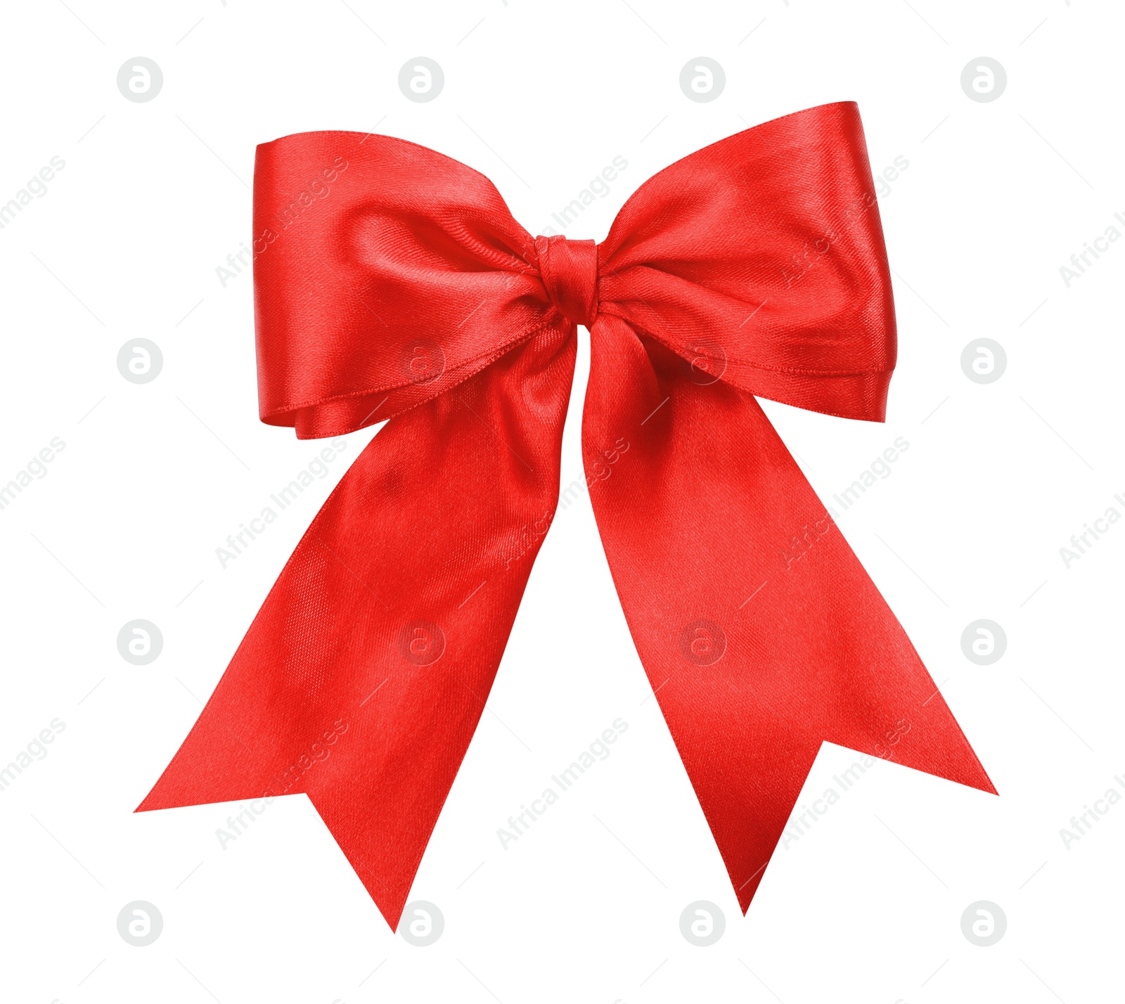 Photo of Beautiful red ribbon tied in bow isolated on white, top view