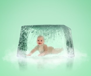 Image of Cryopreservation as method of infertility treatment. Baby in ice cube on aquamarine background