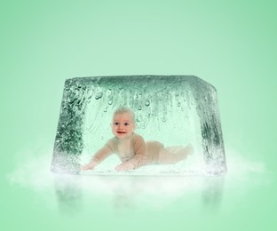 Cryopreservation as method of infertility treatment. Baby in ice cube on aquamarine background