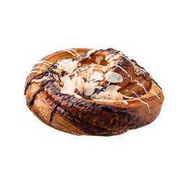 One delicious roll with almond flakes and topping isolated on white. Sweet bun