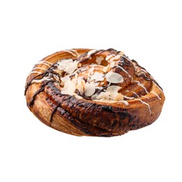 Photo of One delicious roll with almond flakes and topping isolated on white. Sweet bun