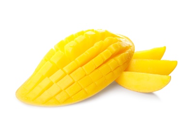 Photo of Fresh juicy mango isolated on white. Tropical fruit