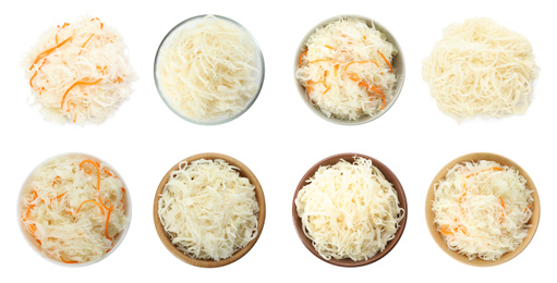 Image of Set of tasty fermented cabbage isolated on white, top view