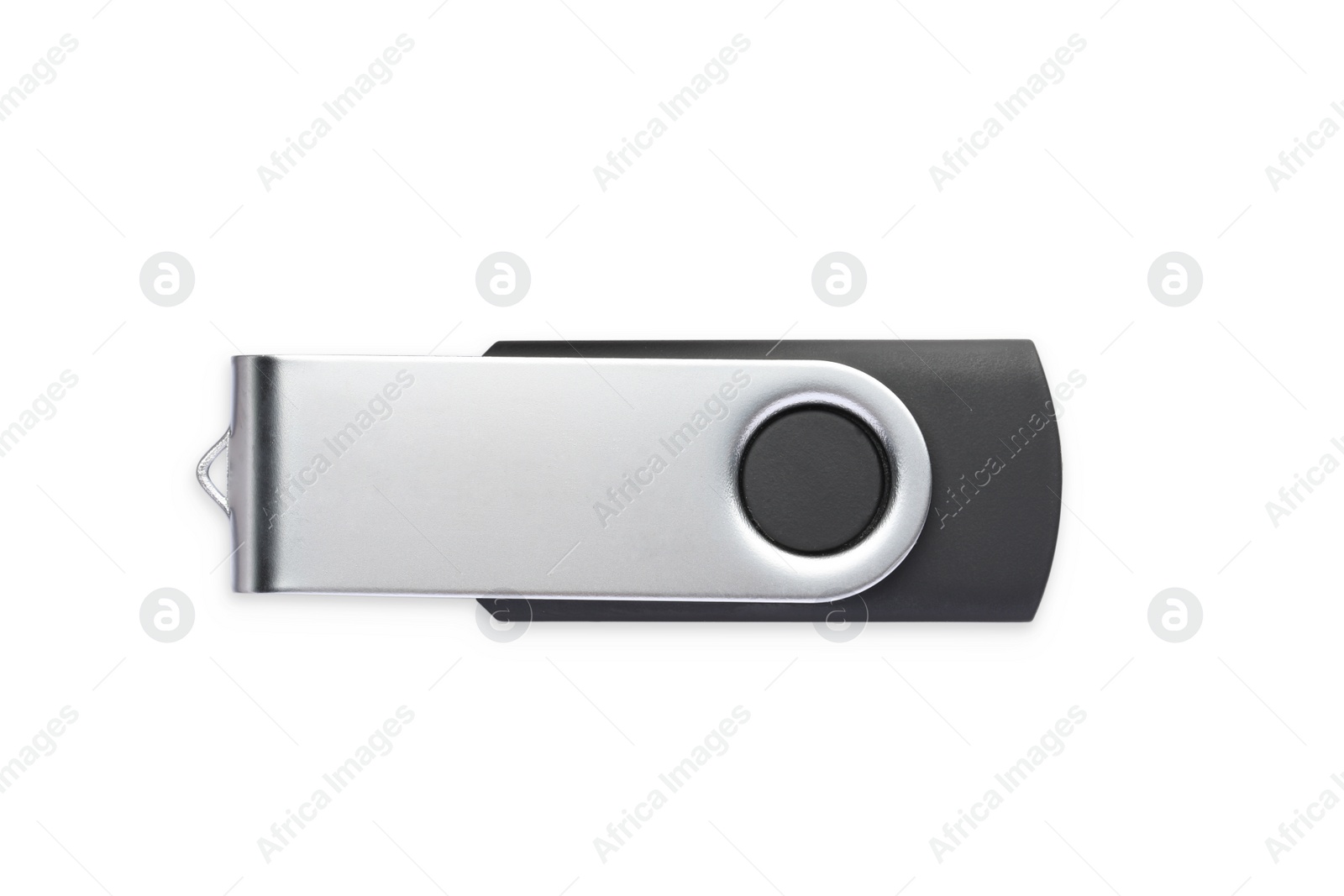 Photo of Modern usb flash drive isolated on white, top view