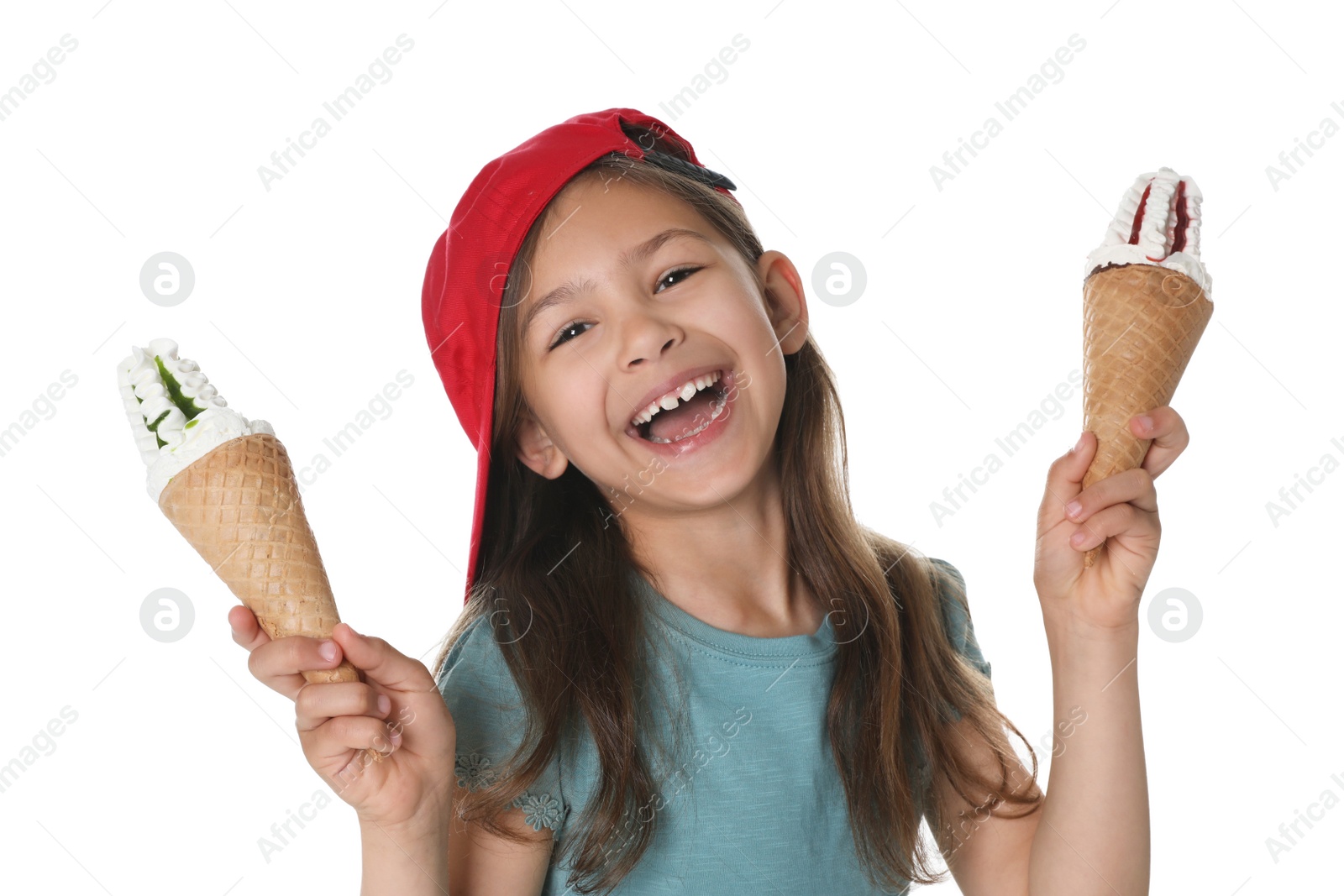 Photo of Adorable little girl with delicious ice creams on white background