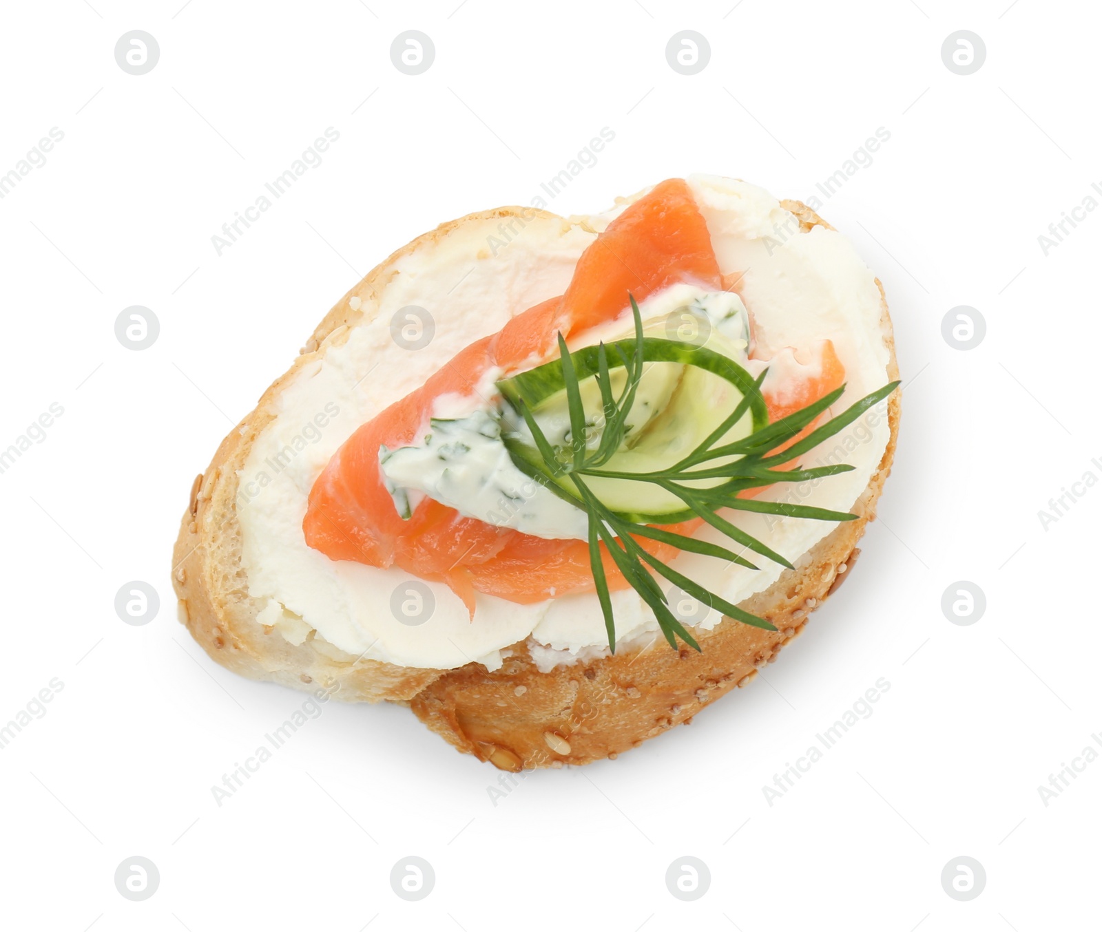 Photo of Tasty canape with salmon, cucumber, cream cheese and dill isolated on white, top view