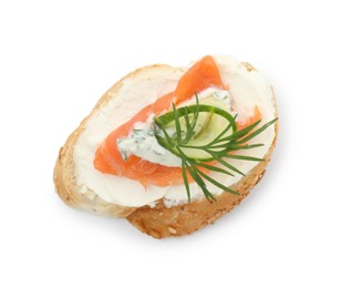 Photo of Tasty canape with salmon, cucumber, cream cheese and dill isolated on white, top view