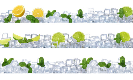 Image of Ice cubes, mint and citrus fruits on white background