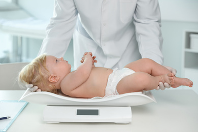 Photo of Pediatrician weighting baby on scale in hospital. Healthy growth