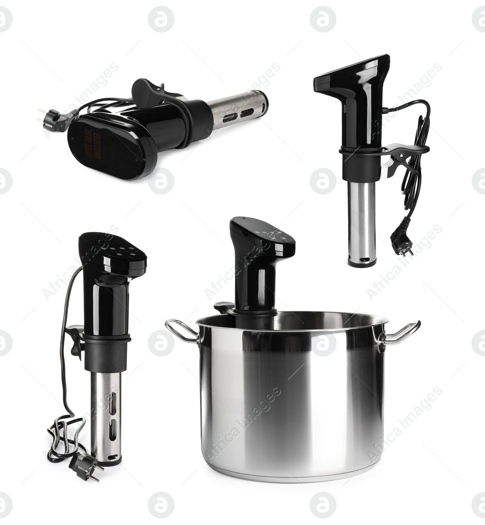 Image of Collage with sous vide cookers isolated on white. Thermal immersion circulator