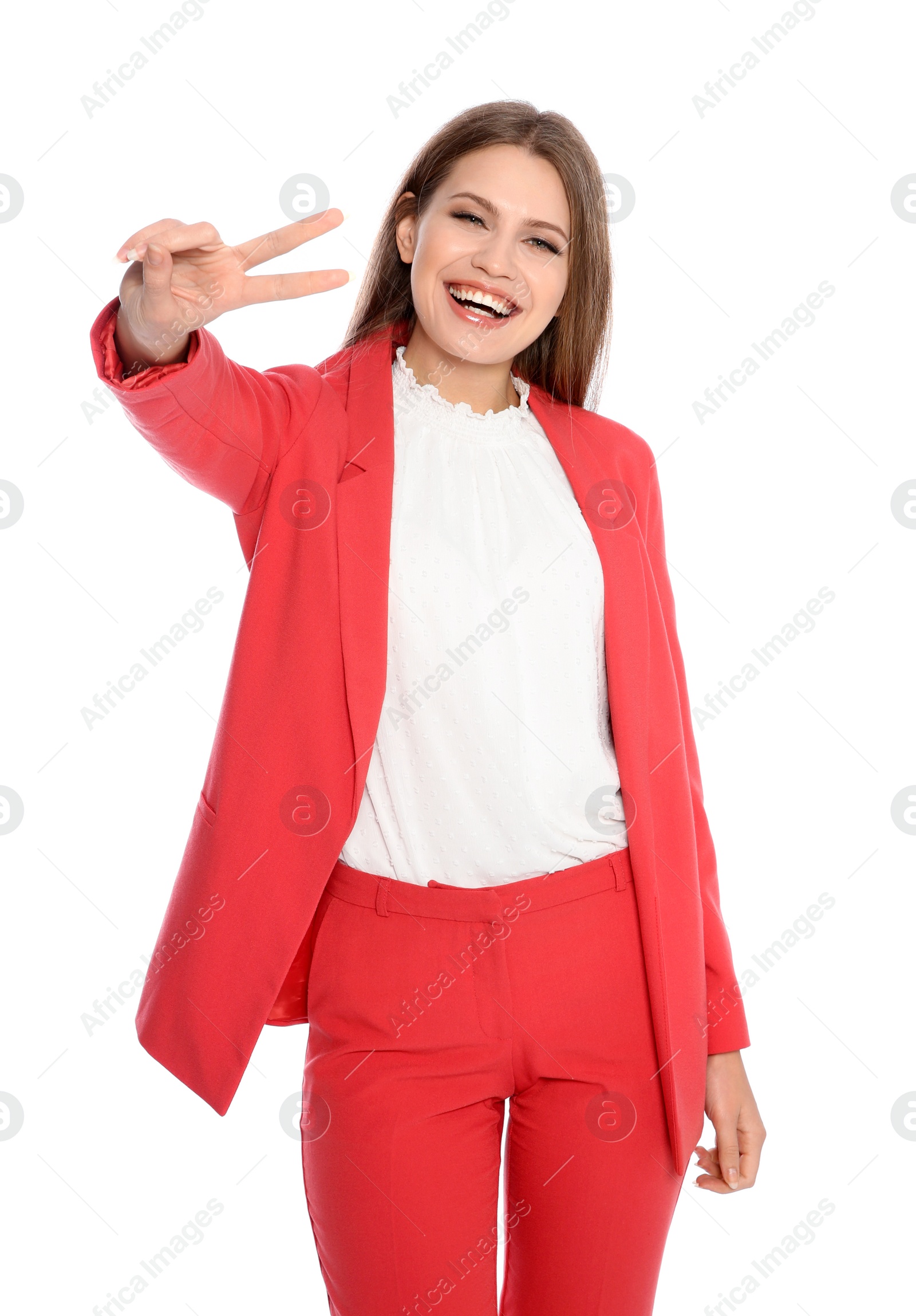 Photo of Young businesswoman celebrating victory on white background