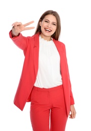 Photo of Young businesswoman celebrating victory on white background