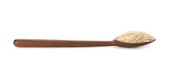 Photo of Wooden spoon with sesame seeds on white background