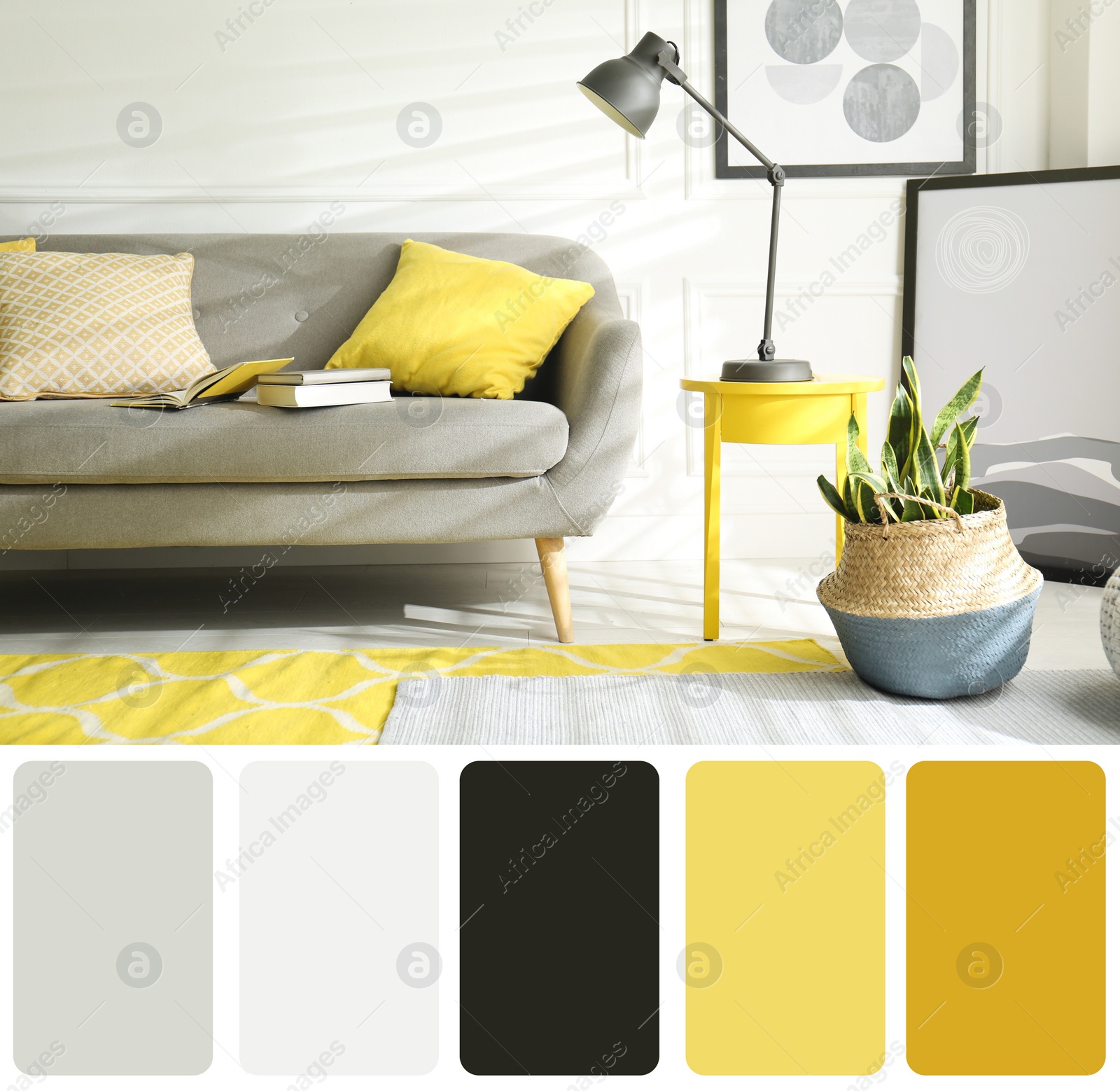 Image of Color palette and photo of stylish living room interior. Collage