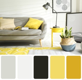 Color palette and photo of stylish living room interior. Collage