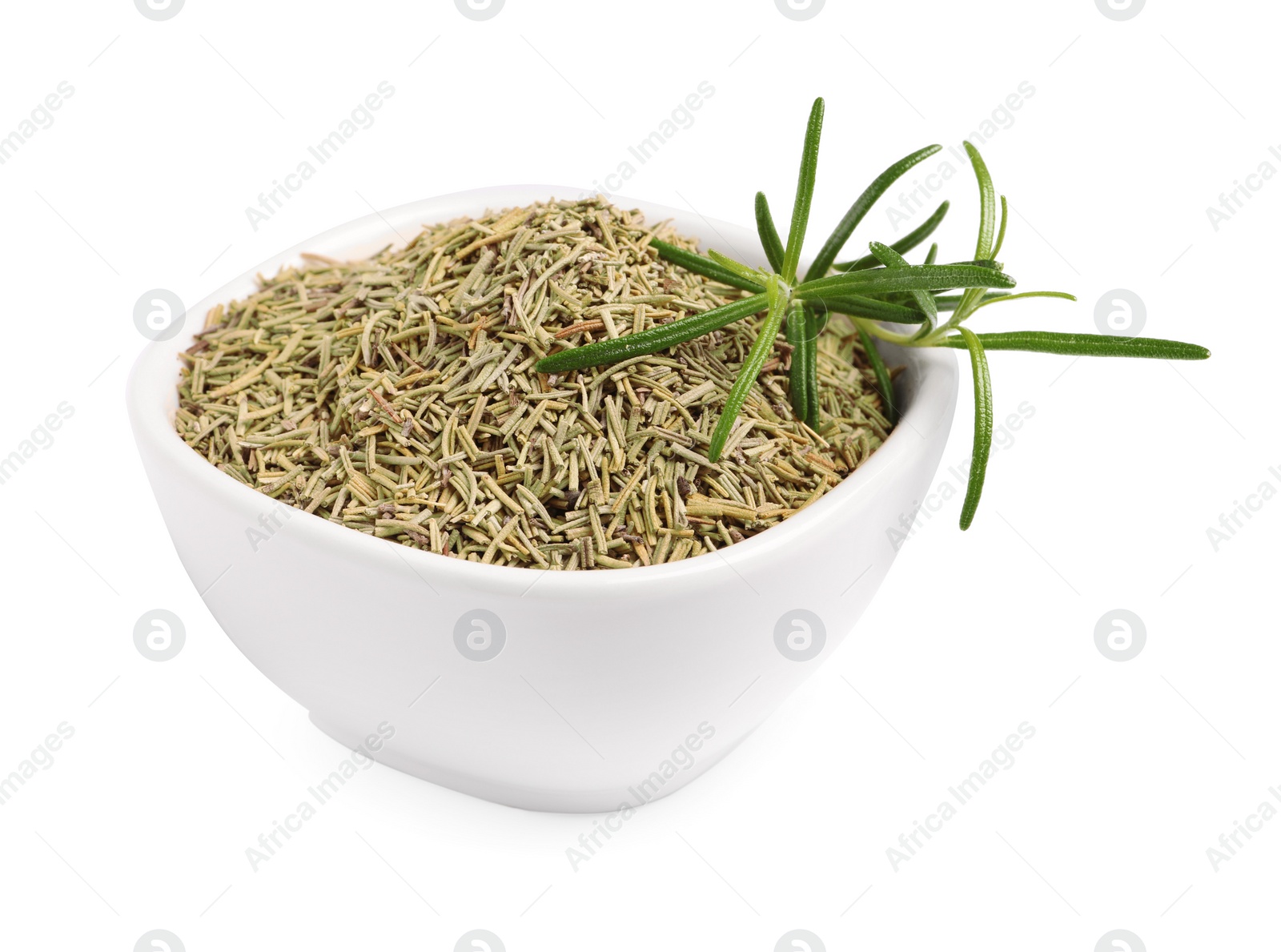 Photo of Bowl of fresh and dry rosemary isolated on white