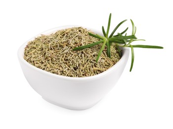 Bowl of fresh and dry rosemary isolated on white