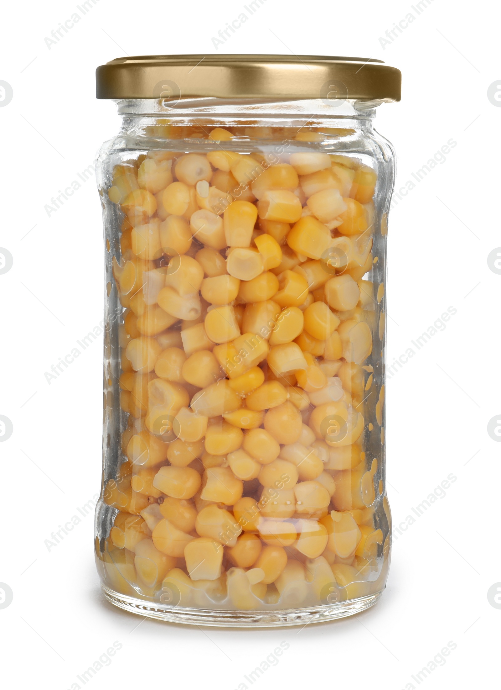 Photo of Glass jar with pickled corn isolated on white