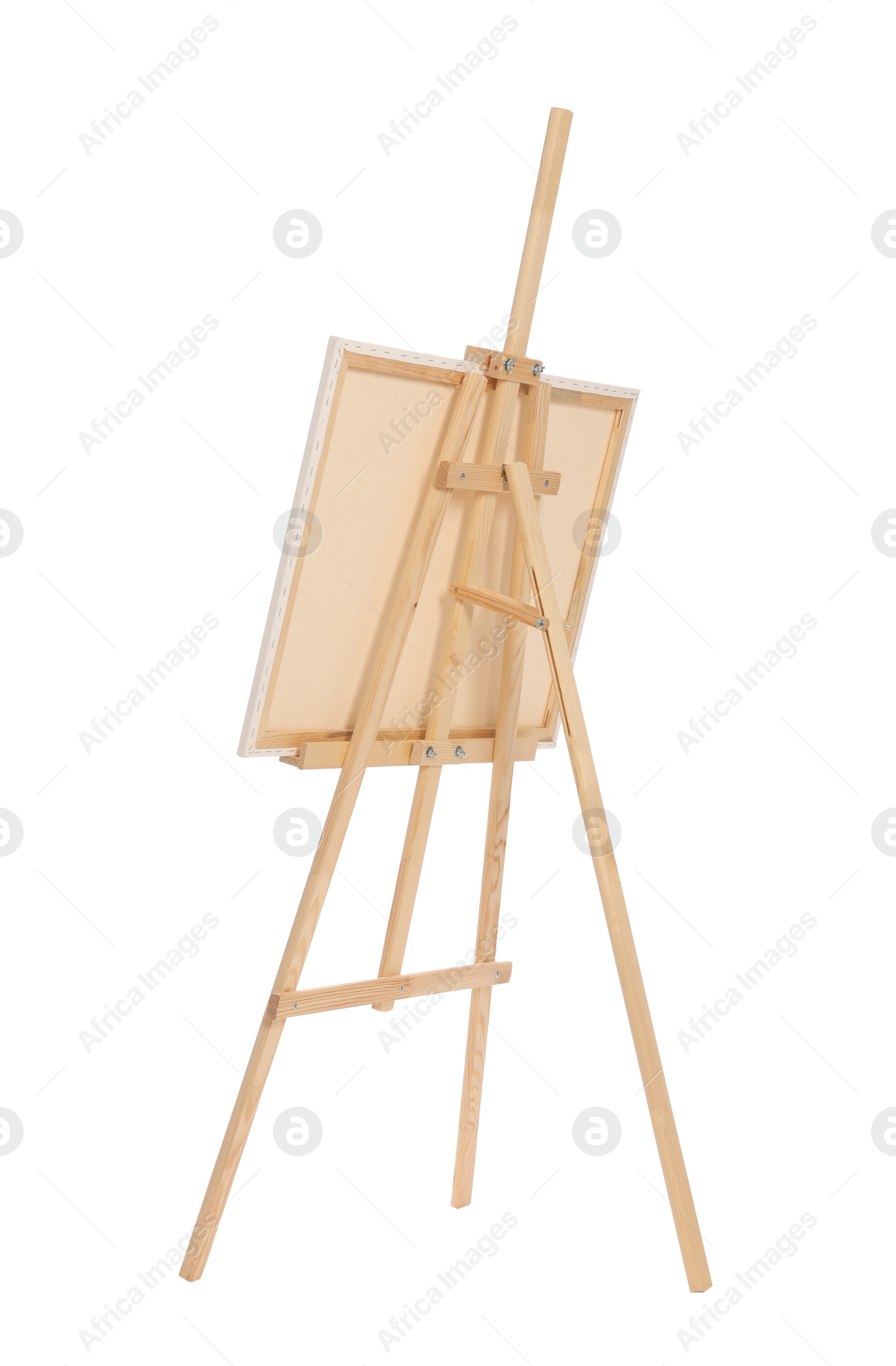 Photo of Wooden easel with canvas isolated on white