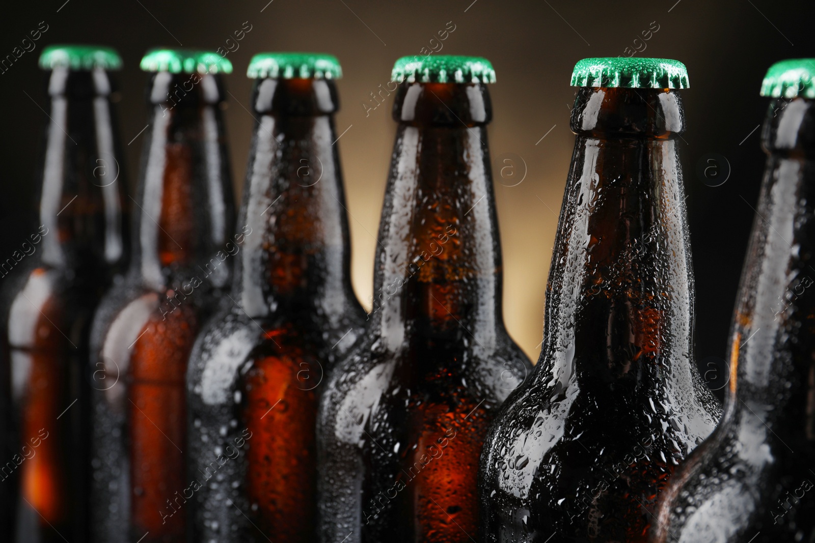 Photo of Many bottles of beer on dark background, closeup