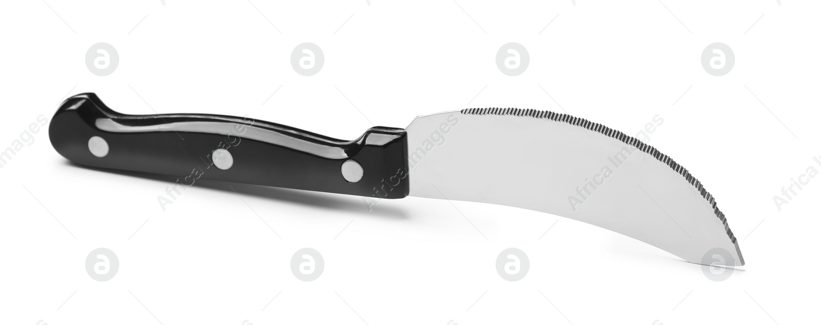 Photo of Stainless steel pizza knife with plastic handle isolated on white
